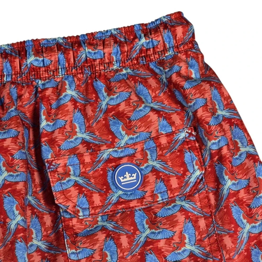 Peter Millar Mens Seaside Collection Red/Blue Parrot AOP Swim Trunk Shorts Sz XL